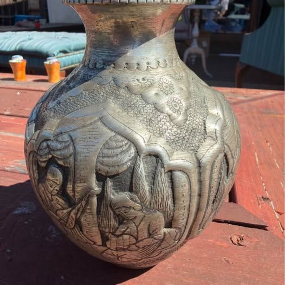 Vintage hand and bossed Persian silver plated copper vase